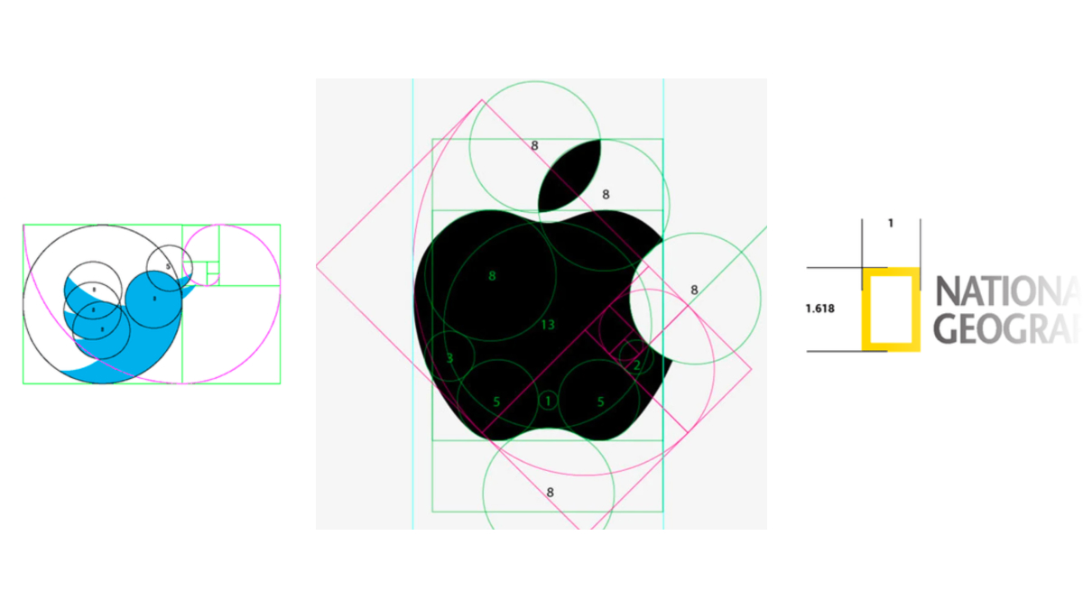 Logos overlaid with Fibonacci golden-ratio grids